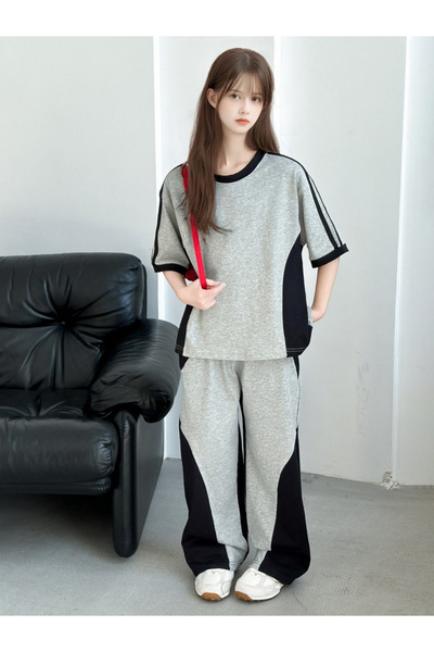 Take Two By Styli Girls Grey Color Block T-Shirt and Pants Set