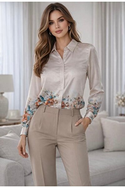 lisa Çiçek Desenli Saten Kadın Gömlek
