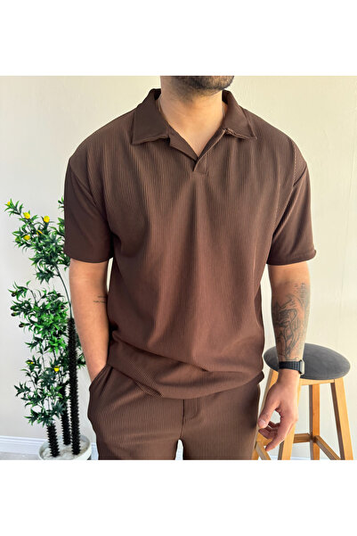 blucombin Corded Fabric Ottoman Fabric Open Collar T-Shirt Wide Cut