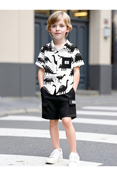 Take Two By Styli Boys Dinosaur Print Shirt and Cargo Shorts Set