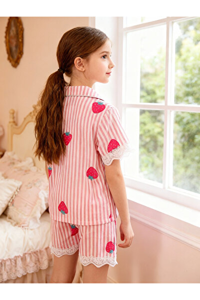 Take Two By Styli طقم بيجاما للبنات مخطط من قميص وشورت مطبوع دانتيل مخططة ومز...