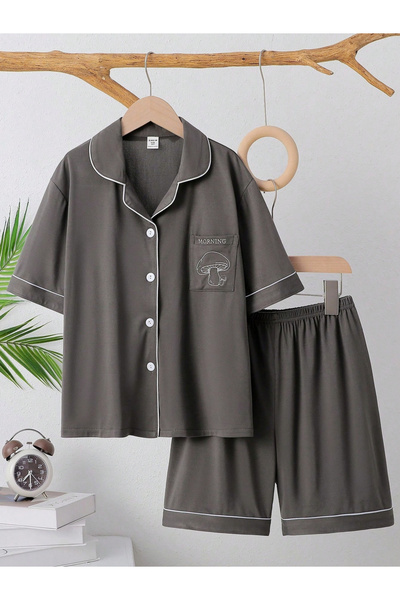 Take Two By Styli طقم بيجاما للأولاد رمادي اللون مكون من قميص بأزرار وشورت