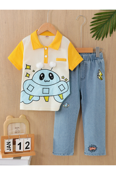Take Two By Styli Boys White Graphic Polo T-Shirt and Jeans Set