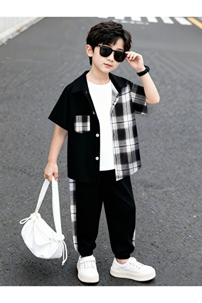 Take Two By Styli Boys Black Checked Shirt and Pants Set