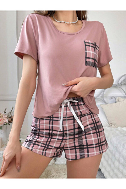 Take Two By Styli Pink Plaid Pocket Print T-Shirt and Shorts Set