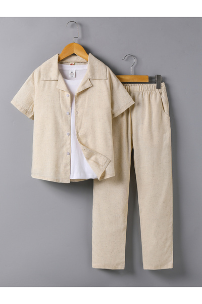 Take Two By Styli Boys Beige Linen Blend Shirt and Trousers Set