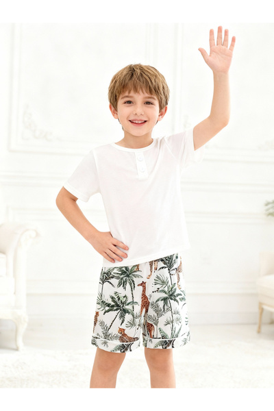 Take Two By Styli Boys White Short Sleeve T-Shirt and Shorts Pyjama Set