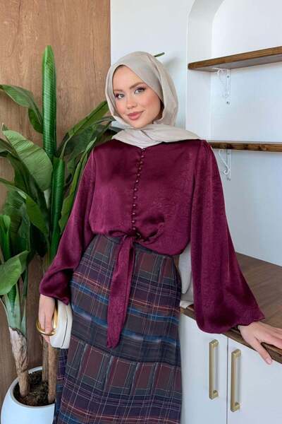 Hazamoda Pearl Satin Shirt Burgundy