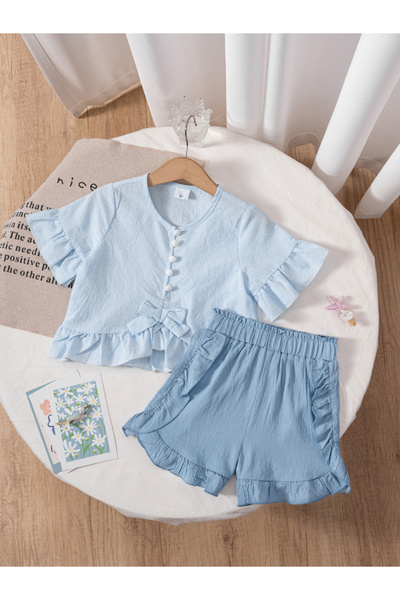 Take Two By Styli Girls Blue Ruffle Trim Top and Shorts Set