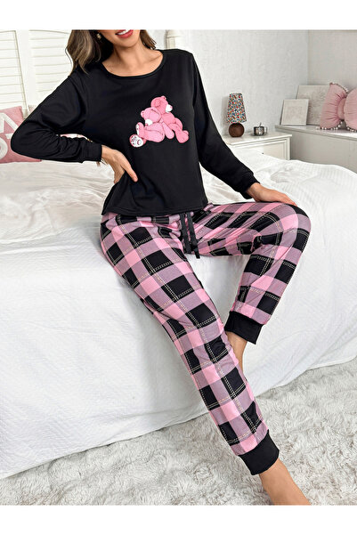 Take Two By Styli Black Bear Print T-Shirt and Checked Pyjama Set