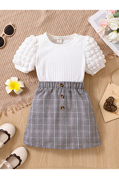 Take Two By Styli Girls White Top and Checkered Skirt Set