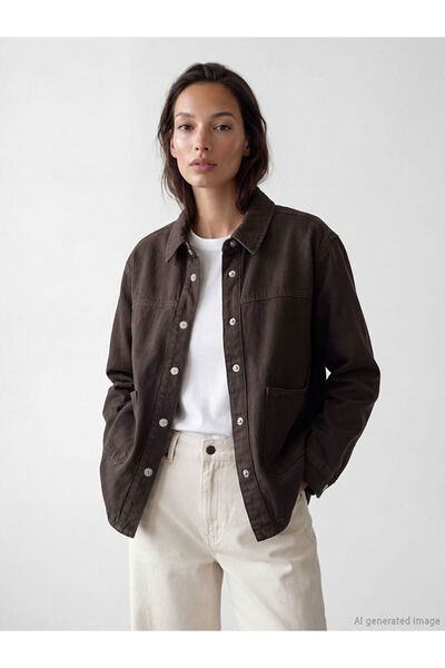 LC Waikiki Brown Shirt Collar Oversize Women's Jean Jacket