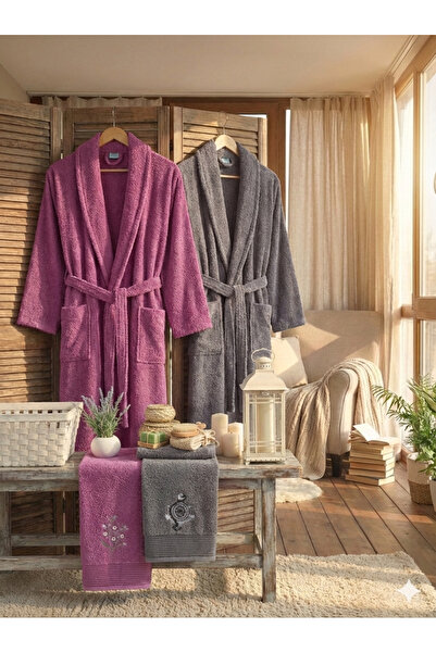 COTTONQUEEN Zena Unisex Plum Anthracite Towel Bathrobe Set of 4