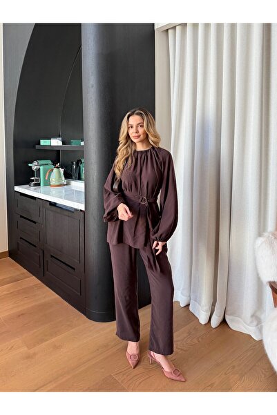 Miraydın Butik Women's Belt Piece Set and Pants Modal Set M41649 - Brown