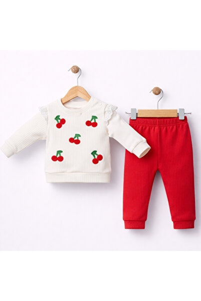 moukou Cherry Embroidered Baby Girl Set 100% Cotton Combed Cotton 2-Piece Bab...