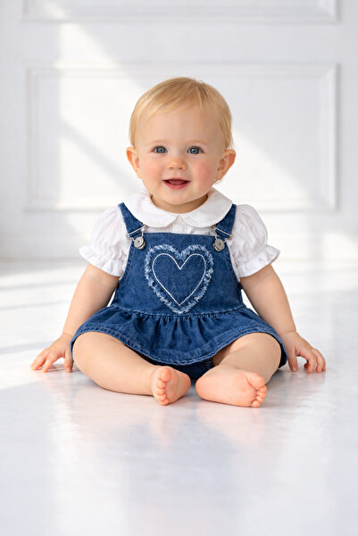 İZYALİF BABY Kız Bebek Denim Jean Elbise 2 Parça Saloped Gömlek Pamuklu Kalpli