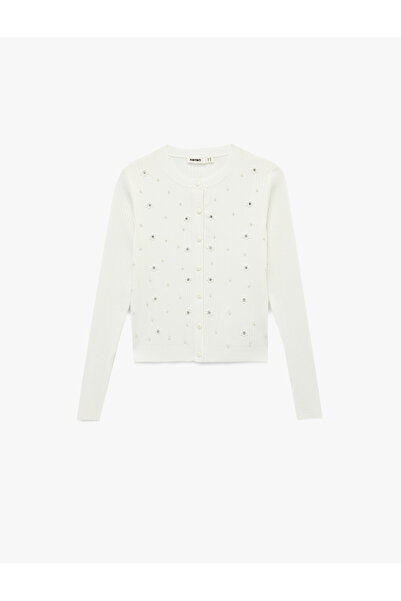 Koton Long Sleeve Crew Neck Floral Knit Cardigan with Pearl and Stone Detail