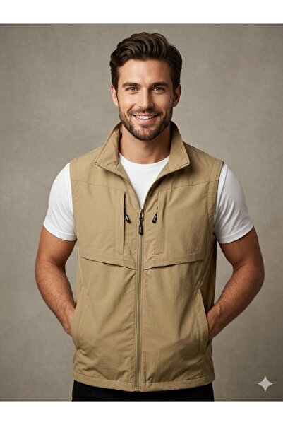 barozzi Erkek Bej-krem Renk Outdoor Softshell Su Geçirmez Kargo Cepli Yelek S...