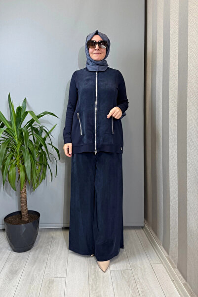 MISS DALIDA Zippered Cupro Detailed Knitwear Jacket Navy Blue T26Y-8203