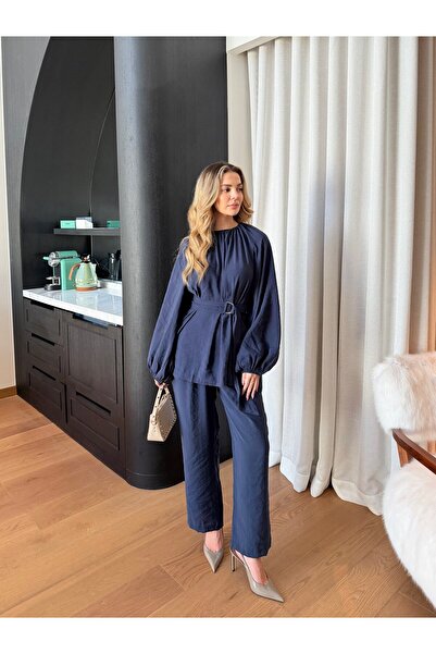 Miraydın Butik Women's Belt Piece Set and Pants Modal Set M41649 - Navy Blue