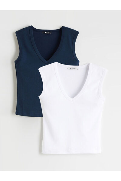 LC Waikiki Tricou alb cu decolteu în V pentru femei, pachet de 2