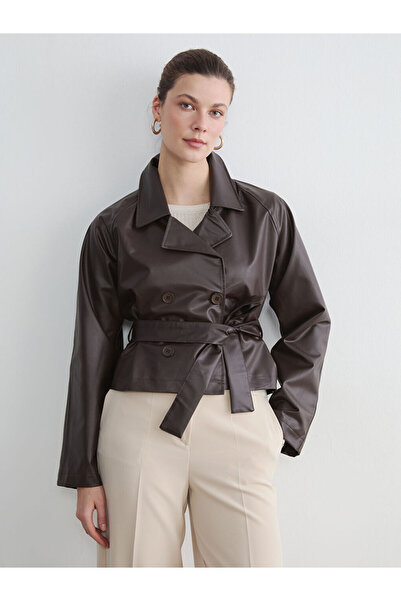 LC Waikiki Brown Shirt Collar Women's Leather Look Jacket