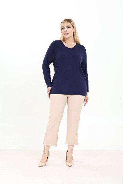 SPORTİVEA Plus Size Women's V-Neck Long Sleeve Basic T-Shirt Comfort Fit Casu...