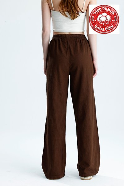 schlank Women's 100% Cotton Palazzo Pants Brown High Waist Wide Leg Summer Casual Pants