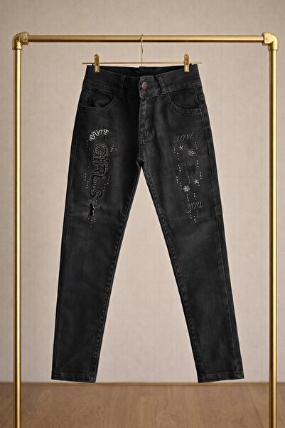 KIZ ÇOCUK SİYAH NAKIŞLI LİKRALI SLİM FİT KOT PANTOLON-NAKIŞ DETAYLI JEAN