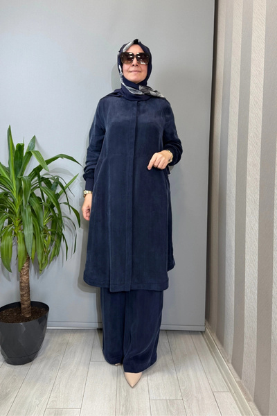 MISS DALIDA Hakim Yaka Pocketed Cupro Cap Navy Blue T26Y-8008