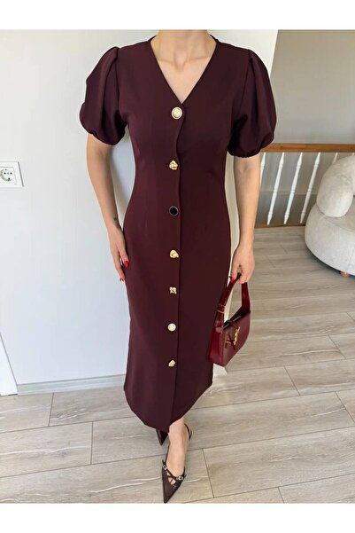 maf collection Women's Gold Button Detail Plum V-Neck Short Sleeve Dress