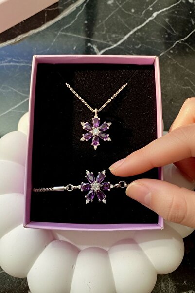 Le Manolia Accessories kararmaz çelik mor lotus kolye bileklik ve kar küresi hediye seti özel sevgili set