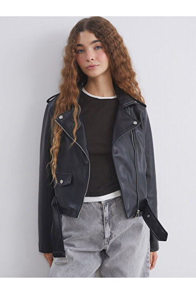 LC Waikiki Black Biker Collar Women's Leather Look Jacket