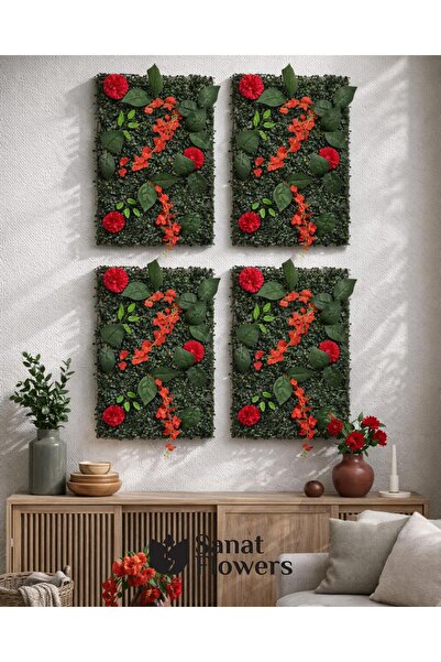 SanatFlowers Sanat Flowers Kırmızı Güllü Yapay Çiçek Panel 40x60 cm Canlı Dik...