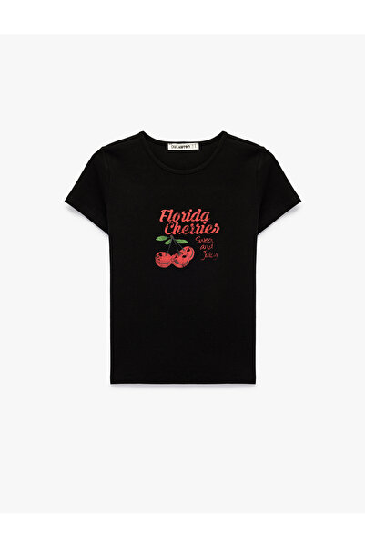 Koton تي شيرت قطني مطبوع عليه كرز بأكمام قصيرة وياقة دائرية