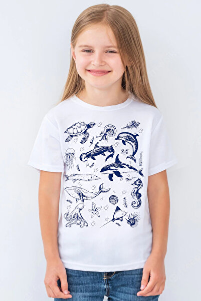 ROCKANDROLL Tricou pentru fete cu mânecă scurtă, alb, cu tema Life in the Sea
