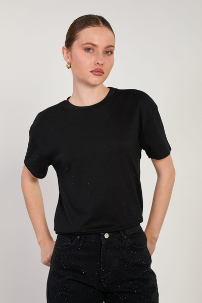 BARRELS AND OIL Ženska okrugla kragna Sa kamenčićima T-shirt - Crna