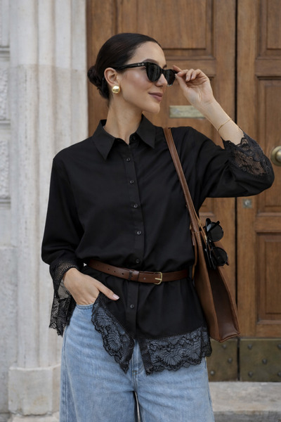 oshebu Kadın Kol ve Etek Dantel Detaylı Oversıze Poplin Gömlek