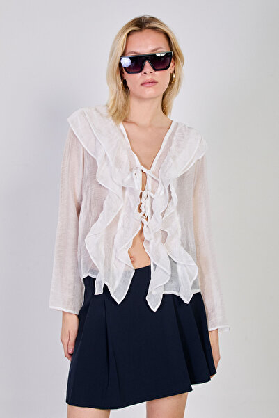 BARRELS AND OIL بلوزة نسائية أمامية مكشكشة بأربطة - إكرو