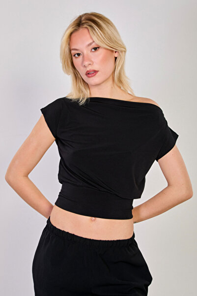 BARRELS AND OIL Γυναικεία μπλούζα με λαιμόκοψη ντραπέ - Μαύρη