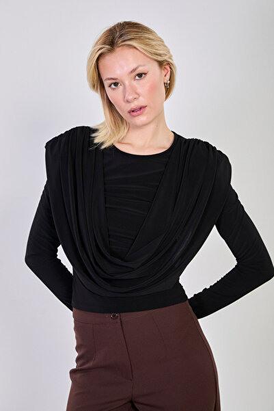 BARRELS AND OIL Women's Shawl Collar Shoulder Padded Shoulders Blouse - Black