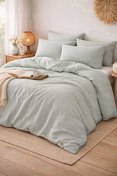 GİNETEKS Soft Green Muslin Double Duvet Cover Set