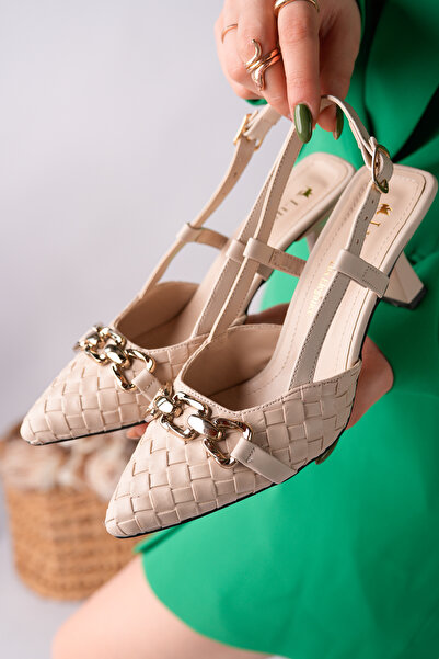 Moda Hanım Bej pentru femei cu detaliu tricotat Spate deschis pantofi cu toc