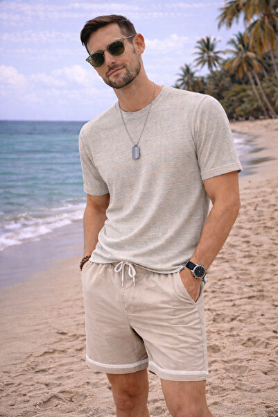 Maccali Men's Trend Relax Fit Patterned A.Blue Linen T-Shirt