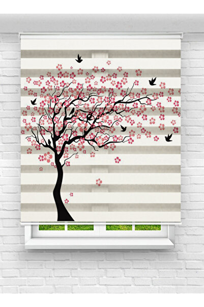 evana home Sakura Ağaç Desenli Baskılı Zebra Stor Perde – Modern Dekoratif Ze...