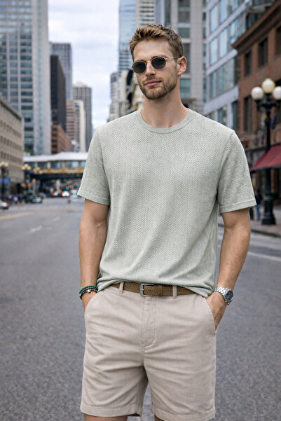 Maccali Men's Casual Patterned Premium Summer Green Linen T-Shirt