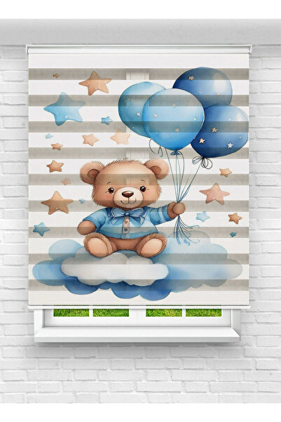 evana home Mavi Balonlu Ayıcık Desenli Baskılı Zebra Stor Perde – Çocuk Odası...
