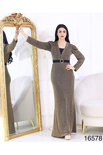 ٌRominz fashion فستان سهرة ذهبي فاخر بقماش لاميه لامع – تصميم أنثوي راقٍ مع ش...