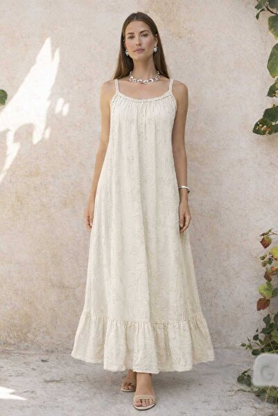 CES.İZ Women's Embroidered Long Dress with Straps – Italian Model Loose Summe...