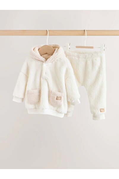 Next Baby Cream Color Borg Hooded Sweatshirt and Sweatpants Baby Set